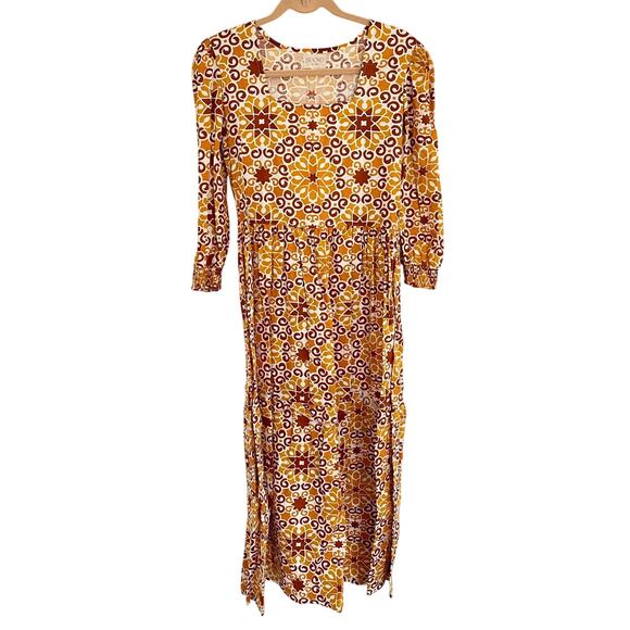 Beyond by Vera Rust Pietra Dura Block Print Midi Cotton Fall Tie Waist Dress - Picture 4 of 12